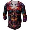 DMOYALA Mens Henley Shirts Skull Red Graphic Printed Long Sleeve Pullover Shirts 8Pcs Buttons Up Vintage V Neck Trendy Fall Hippie Streetwear Tees Top view 1