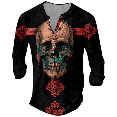 DMOYALA Mens Henley Shirts Skull Cross Red Graphic Printed Long Sleeve Pullover Shirts 8Pcs Buttons Up Vintage V Neck Trendy Fall Hippie Streetwear Tees Top