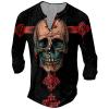 DMOYALA Mens Henley Shirts Skull Cross Red Graphic Printed Long Sleeve Pullover Shirts 8Pcs Buttons Up Vintage V Neck Trendy Fall Hippie Streetwear Tees Top view 1