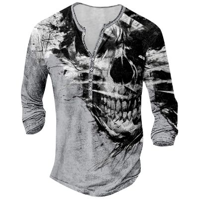 DMOYALA Mens Henley Shirts Skull Light Grey Graphic Printed Long Sleeve Pullover Shirts 8Pcs Buttons Up Vintage V Neck Trendy Fall Hippie Streetwear Tees Top