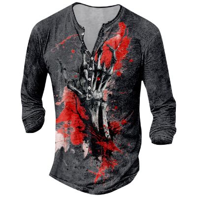 DMOYALA Mens Henley Shirts Skull Hand Red Graphic Printed Long Sleeve Pullover Shirts 8Pcs Buttons Up Vintage V Neck Trendy Fall Hippie Streetwear Tees Top