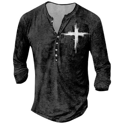 DMOYALA Mens Henley Shirts Cross Deep Grey Graphic Printed Long Sleeve Pullover Shirts 8Pcs Buttons Up Vintage V Neck Trendy Fall Hippie Streetwear Tees Top M