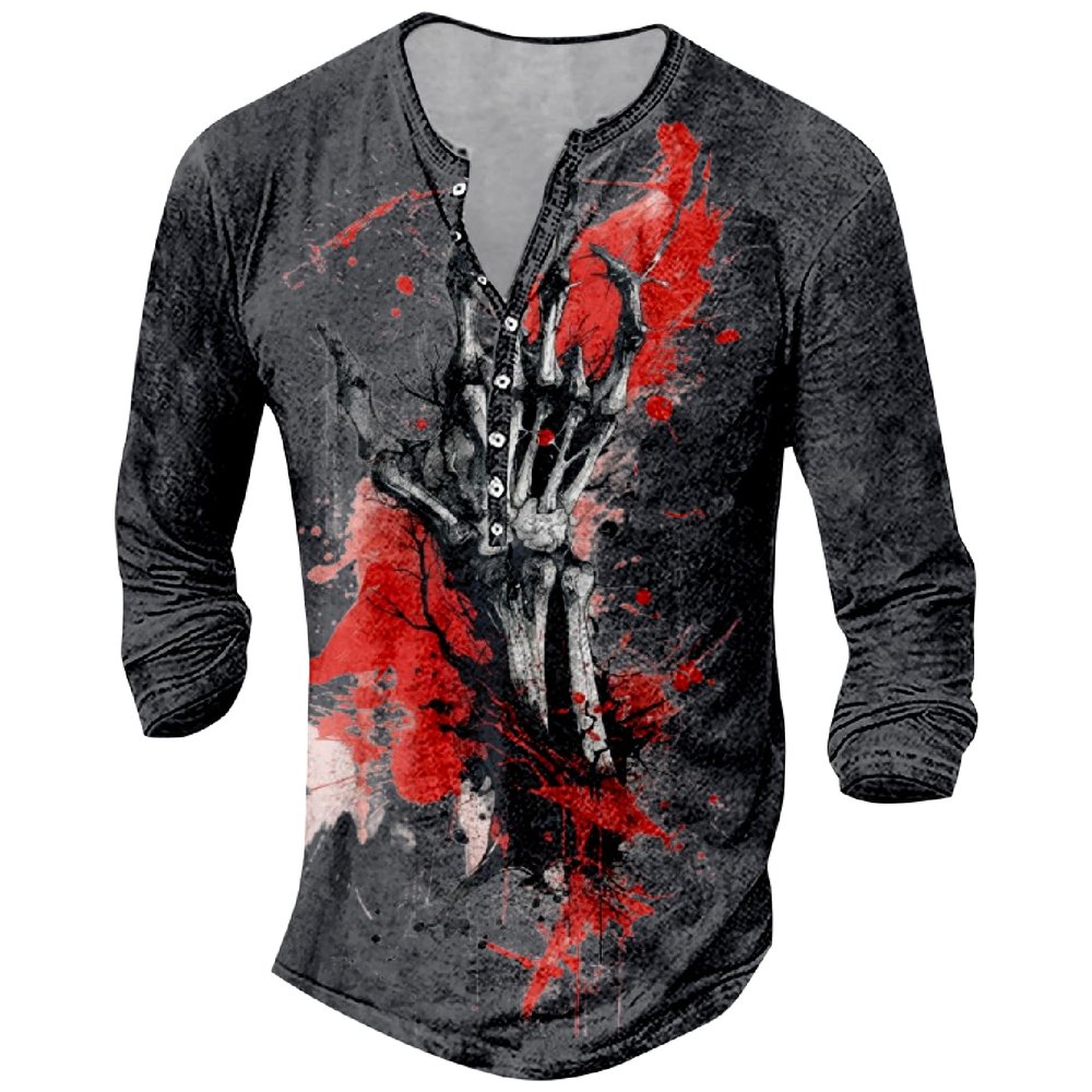 DMOYALA Mens Henley Shirts Skull Hand Red Graphic Printed Long Sleeve Pullover Shirts 8Pcs Buttons Up Vintage V Neck Trendy Fall Hippie Streetwear Tees Top