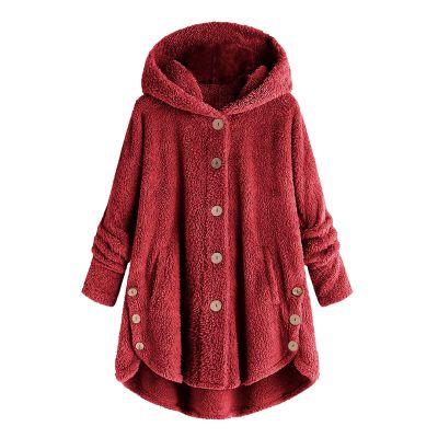 Fleece Jacket Women Long Sleeve Sherpa Hooded Coats Winter Fall Warm Fuzzy Jackets Plus Size Button Plush Outerwear