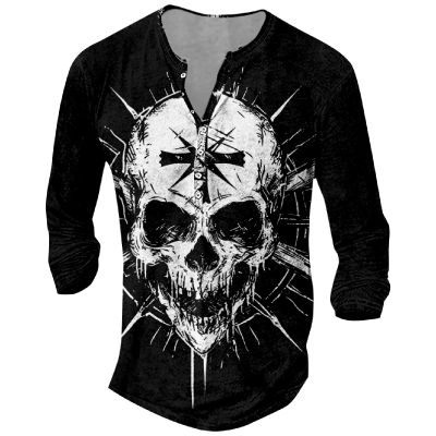 DMOYALA Mens Henley Shirts Skull Cross Black Graphic Printed Long Sleeve Pullover Shirts 8Pcs Buttons Up Vintage V Neck Trendy Fall Hippie Streetwear Tees Top