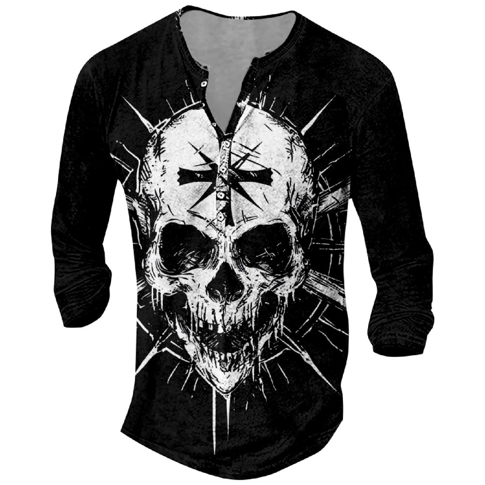 DMOYALA Mens Henley Shirts Skull Cross Black Graphic Printed Long Sleeve Pullover Shirts 8Pcs Buttons Up Vintage V Neck Trendy Fall Hippie Streetwear Tees Top