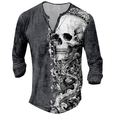 DMOYALA Mens Henley Shirts Skull Grey Graphic Printed Long Sleeve Pullover Shirts 8Pcs Buttons Up Vintage V Neck Trendy Fall Hippie Streetwear Tees Top
