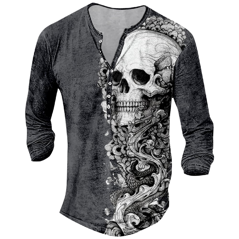 DMOYALA Mens Henley Shirts Skull Grey Graphic Printed Long Sleeve Pullover Shirts 8Pcs Buttons Up Vintage V Neck Trendy Fall Hippie Streetwear Tees Top