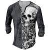 DMOYALA Mens Henley Shirts Skull Grey Graphic Printed Long Sleeve Pullover Shirts 8Pcs Buttons Up Vintage V Neck Trendy Fall Hippie Streetwear Tees Top view 1