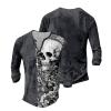 DMOYALA Mens Henley Shirts Skull Grey Graphic Printed Long Sleeve Pullover Shirts 8Pcs Buttons Up Vintage V Neck Trendy Fall Hippie Streetwear Tees Top view 3
