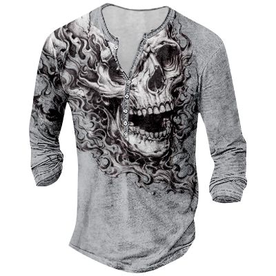 DMOYALA Mens Henley Shirts Skull Light Gray Graphic Printed Long Sleeve Pullover Shirts 8Pcs Buttons Up Vintage V Neck Trendy Fall Hippie Streetwear Tees Top