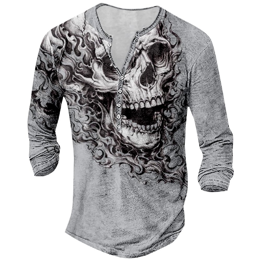 DMOYALA Mens Henley Shirts Skull Light Gray Graphic Printed Long Sleeve Pullover Shirts 8Pcs Buttons Up Vintage V Neck Trendy Fall Hippie Streetwear Tees Top