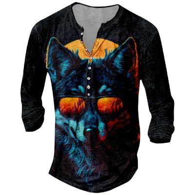 DMOYALA Mens Henley Shirts Wolf Glass Black Graphic Printed Long Sleeve Pullover Shirts 8Pcs Buttons Up Vintage V Neck Trendy Fall Hippie Streetwear Tees Top