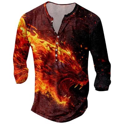 DMOYALA Mens Henley Shirts Wolf Fire Orange Graphic Printed Long Sleeve Pullover Shirts 8Pcs Buttons Up Vintage V Neck Trendy Fall Hippie Streetwear Tees Top