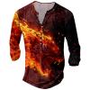 DMOYALA Mens Henley Shirts Wolf Fire Orange Graphic Printed Long Sleeve Pullover Shirts 8Pcs Buttons Up Vintage V Neck Trendy Fall Hippie Streetwear Tees Top view 1