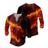 DMOYALA Mens Henley Shirts Wolf Fire Orange Graphic Printed Long Sleeve Pullover Shirts 8Pcs Buttons Up Vintage V Neck Trendy Fall Hippie Streetwear Tees Top view 3