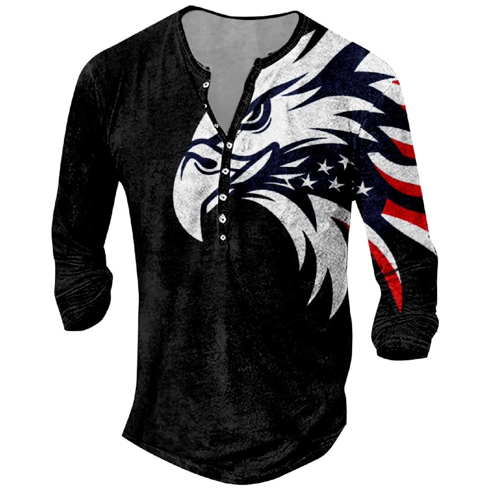 DMOYALA Mens Henley Shirts Flag Eagle Black Graphic Printed Long Sleeve Pullover Shirts 8Pcs Buttons Up Vintage V Neck Trendy Fall Hippie Streetwear Tees Top