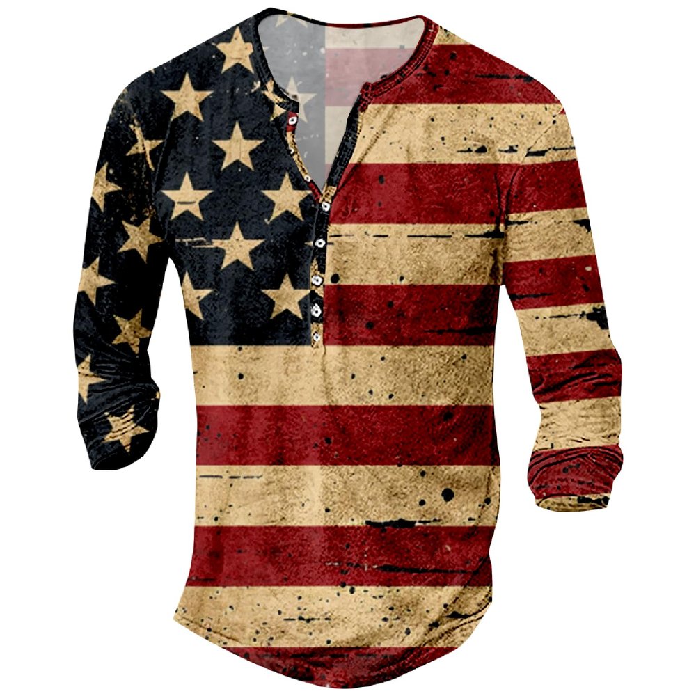DMOYALA Mens Henley Shirts Flag Red Graphic Printed Long Sleeve Pullover Shirts 8Pcs Buttons Up Vintage V Neck Trendy Fall Hippie Streetwear Tees Top