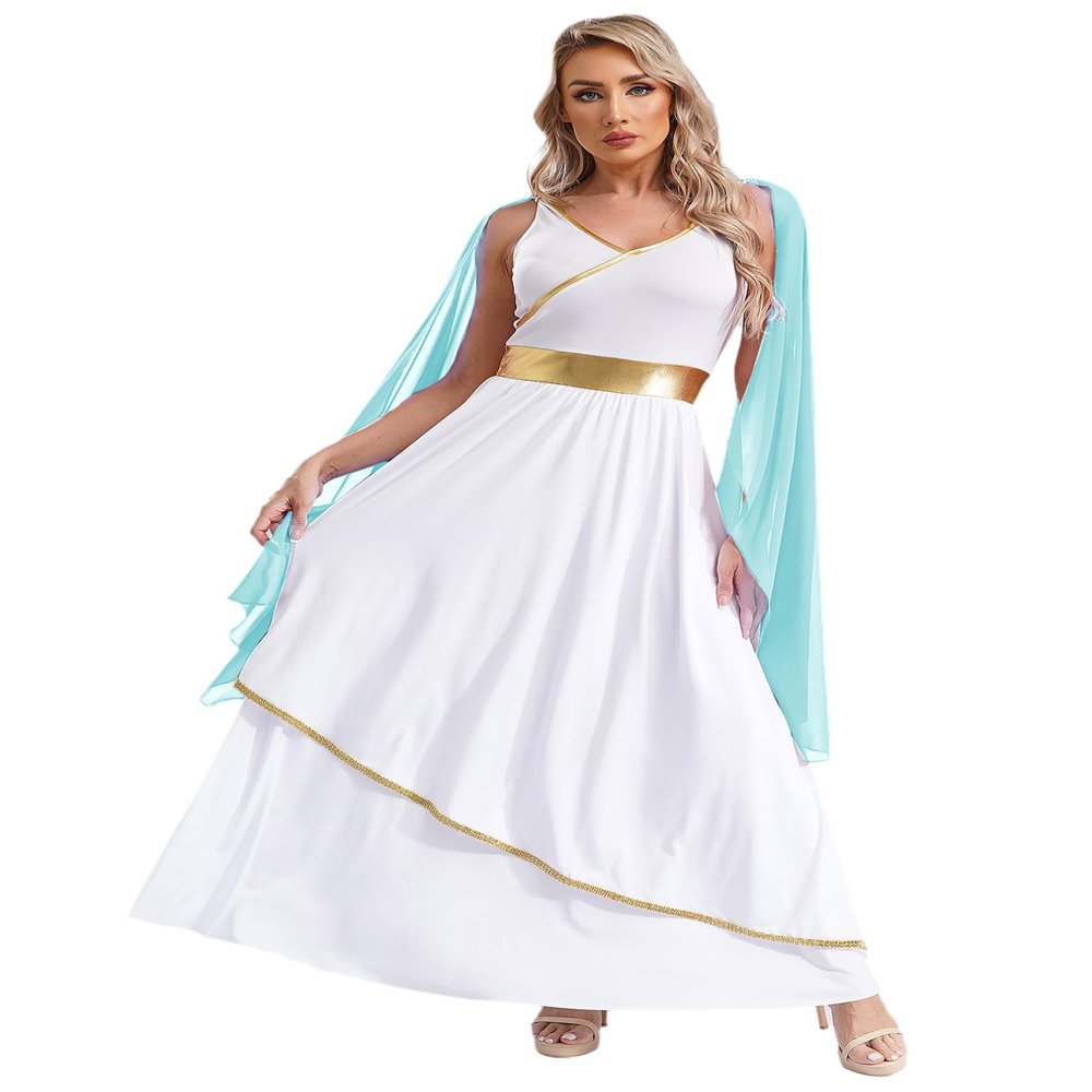 Agoky Womens Ancient Toga Dress Roman Queen Greek Princess Cosplay Role Play Outfits for Halloween Light Blue Large