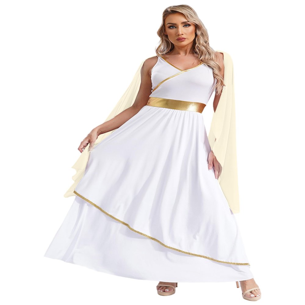 Agoky Womens Ancient Toga Dress Roman Queen Greek Princess Cosplay Role Play Outfits for Halloween Champagne Small