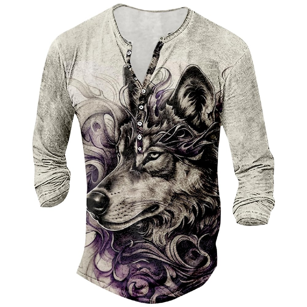 DMOYALA Mens Henley Shirts Wolf Purple Graphic Printed Long Sleeve Pullover Shirts 8Pcs Buttons Up Vintage V Neck Trendy Fall Hippie Streetwear Tees Top