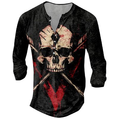 DMOYALA Mens Henley Shirts Skull Black Graphic Printed Long Sleeve Pullover Shirts 8Pcs Buttons Up Vintage V Neck Trendy Fall Hippie Streetwear Tees Top