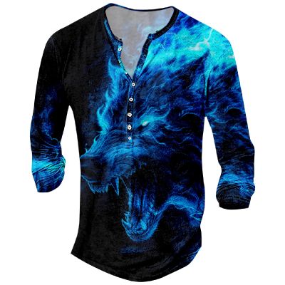 DMOYALA Mens Henley Shirts Wolf Fire Blue Graphic Printed Long Sleeve Pullover Shirts 8Pcs Buttons Up Vintage V Neck Trendy Fall Hippie Streetwear Tees Top