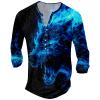DMOYALA Mens Henley Shirts Wolf Fire Blue Graphic Printed Long Sleeve Pullover Shirts 8Pcs Buttons Up Vintage V Neck Trendy Fall Hippie Streetwear Tees Top view 1