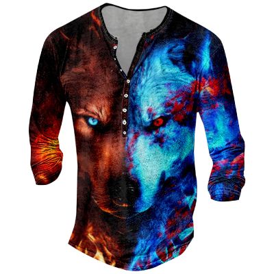 DMOYALA Mens Henley Shirts Wolf Blue Graphic Printed Long Sleeve Pullover Shirts 8Pcs Buttons Up Vintage V Neck Trendy Fall Hippie Streetwear Tees Top
