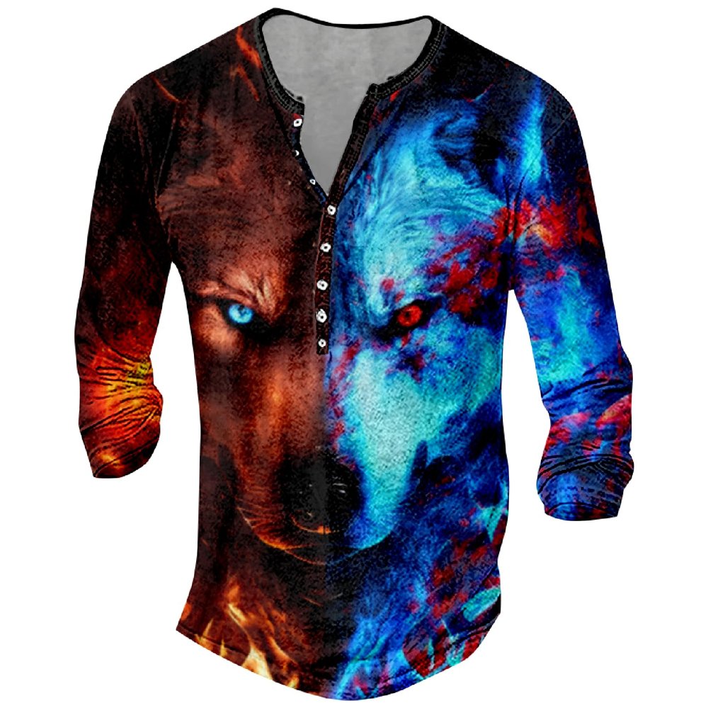 DMOYALA Mens Henley Shirts Wolf Blue Graphic Printed Long Sleeve Pullover Shirts 8Pcs Buttons Up Vintage V Neck Trendy Fall Hippie Streetwear Tees Top
