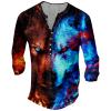 DMOYALA Mens Henley Shirts Wolf Blue Graphic Printed Long Sleeve Pullover Shirts 8Pcs Buttons Up Vintage V Neck Trendy Fall Hippie Streetwear Tees Top