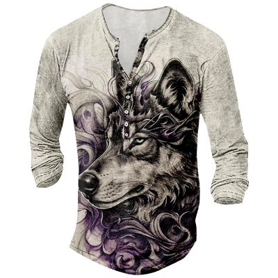 DMOYALA Mens Henley Shirts Wolf Purple Graphic Printed Long Sleeve Pullover Shirts 8Pcs Buttons Up Vintage V Neck Trendy Fall Hippie Streetwear Tees Top