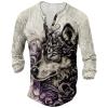 DMOYALA Mens Henley Shirts Wolf Purple Graphic Printed Long Sleeve Pullover Shirts 8Pcs Buttons Up Vintage V Neck Trendy Fall Hippie Streetwear Tees Top view 1