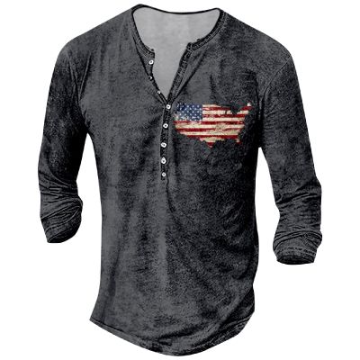 DMOYALA Mens Henley Shirts Flag Deep Grey Graphic Printed Long Sleeve Pullover Shirts 8Pcs Buttons Up Vintage V Neck Trendy Fall Hippie Streetwear Tees Top