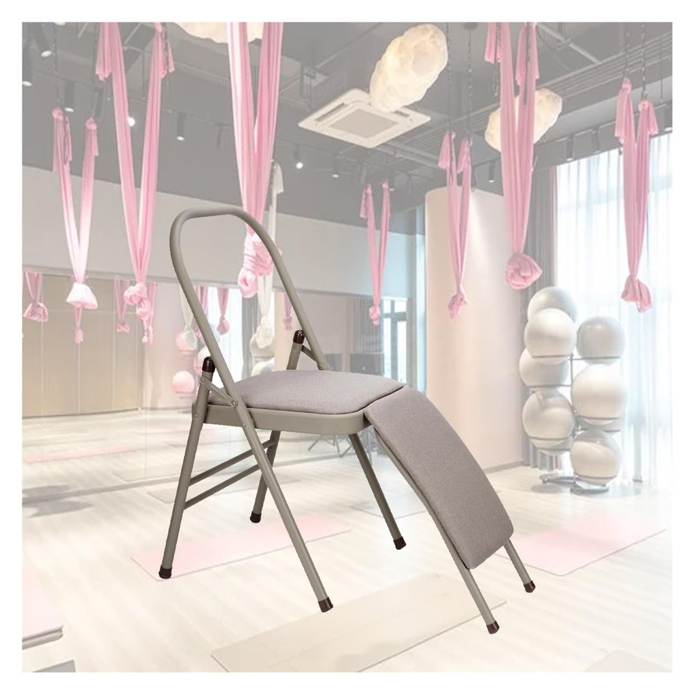 MZZKFC Gray Foldable Yoga Chair with Cotton Linen Cushion & Waist Back Support, Adult Yoga Auxiliary Chair, Yoga Equipment for Home/Gym/Office/Yoga Studio