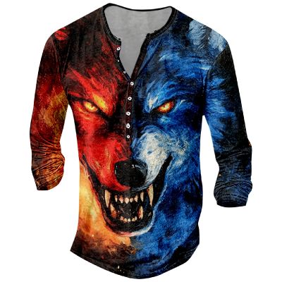 DMOYALA Mens Henley Shirts Wolf Blue Red Graphic Printed Long Sleeve Pullover Shirts 8Pcs Buttons Up Vintage V Neck Trendy Fall Hippie Streetwear Tees Top