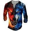DMOYALA Mens Henley Shirts Wolf Blue Red Graphic Printed Long Sleeve Pullover Shirts 8Pcs Buttons Up Vintage V Neck Trendy Fall Hippie Streetwear Tees Top view 1