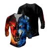 DMOYALA Mens Henley Shirts Wolf Blue Red Graphic Printed Long Sleeve Pullover Shirts 8Pcs Buttons Up Vintage V Neck Trendy Fall Hippie Streetwear Tees Top view 3