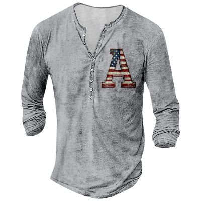 DMOYALA Mens Henley Shirts Flag A Grey Graphic Printed Long Sleeve Pullover Shirts 8Pcs Buttons Up Vintage V Neck Trendy Fall Hippie Streetwear Tees Top