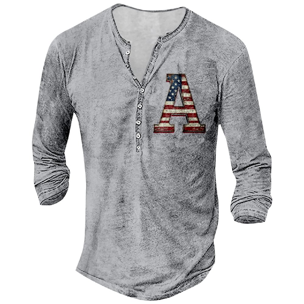 DMOYALA Mens Henley Shirts Flag A Grey Graphic Printed Long Sleeve Pullover Shirts 8Pcs Buttons Up Vintage V Neck Trendy Fall Hippie Streetwear Tees Top