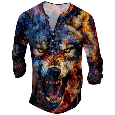 DMOYALA Mens Henley Shirts Wolf Navy Graphic Printed Long Sleeve Pullover Shirts 8Pcs Buttons Up Vintage V Neck Trendy Fall Hippie Streetwear Tees Top