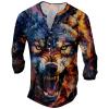 DMOYALA Mens Henley Shirts Wolf Navy Graphic Printed Long Sleeve Pullover Shirts 8Pcs Buttons Up Vintage V Neck Trendy Fall Hippie Streetwear Tees Top view 1