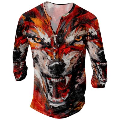 DMOYALA Mens Henley Shirts Wolf Red Graphic Printed Long Sleeve Pullover Shirts 8Pcs Buttons Up Vintage V Neck Trendy Fall Hippie Streetwear Tees Top