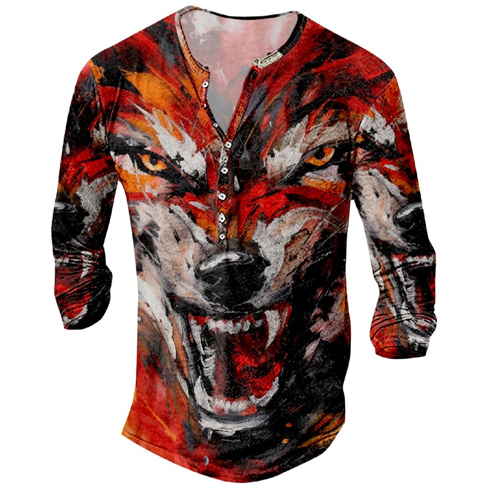 DMOYALA Mens Henley Shirts Wolf Red Graphic Printed Long Sleeve Pullover Shirts 8Pcs Buttons Up Vintage V Neck Trendy Fall Hippie Streetwear Tees Top