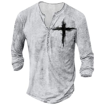 DMOYALA Mens Henley Shirts Cross White Graphic Printed Long Sleeve Pullover Shirts 8Pcs Buttons Up Vintage V Neck Trendy Fall Hippie Streetwear Tees Top XL
