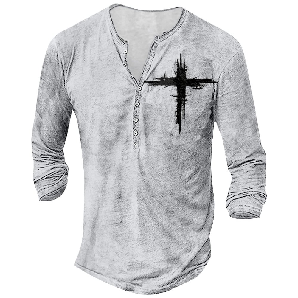 DMOYALA Mens Henley Shirts Cross White Graphic Printed Long Sleeve Pullover Shirts 8Pcs Buttons Up Vintage V Neck Trendy Fall Hippie Streetwear Tees Top XL