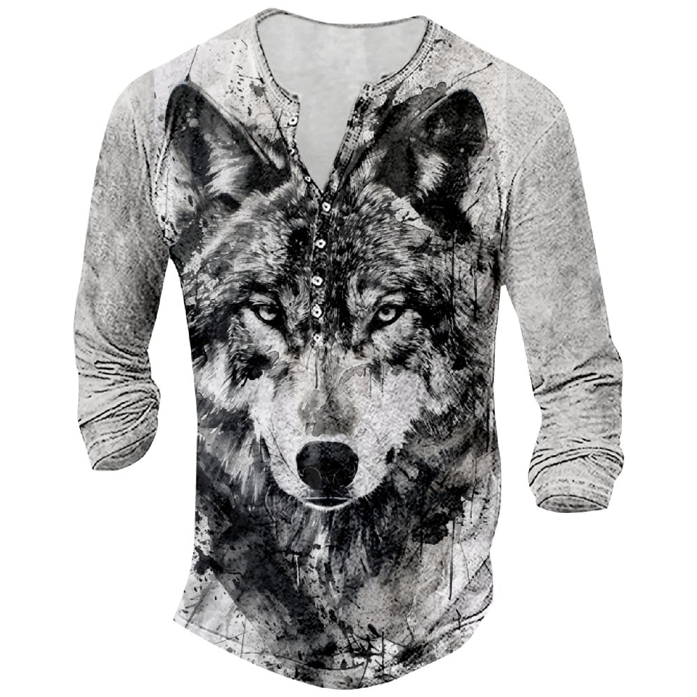 DMOYALA Mens Henley Shirts Wolf Black White Graphic Printed Long Sleeve Pullover Shirts 8Pcs Buttons Up Vintage V Neck Trendy Fall Hippie Streetwear Tees Top