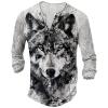 DMOYALA Mens Henley Shirts Wolf Black White Graphic Printed Long Sleeve Pullover Shirts 8Pcs Buttons Up Vintage V Neck Trendy Fall Hippie Streetwear Tees Top view 1