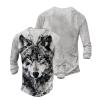 DMOYALA Mens Henley Shirts Wolf Black White Graphic Printed Long Sleeve Pullover Shirts 8Pcs Buttons Up Vintage V Neck Trendy Fall Hippie Streetwear Tees Top view 3