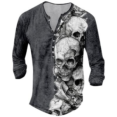 DMOYALA Mens Henley Shirts Skull Gray Graphic Printed Long Sleeve Pullover Shirts 8Pcs Buttons Up Vintage V Neck Trendy Fall Hippie Streetwear Tees Top